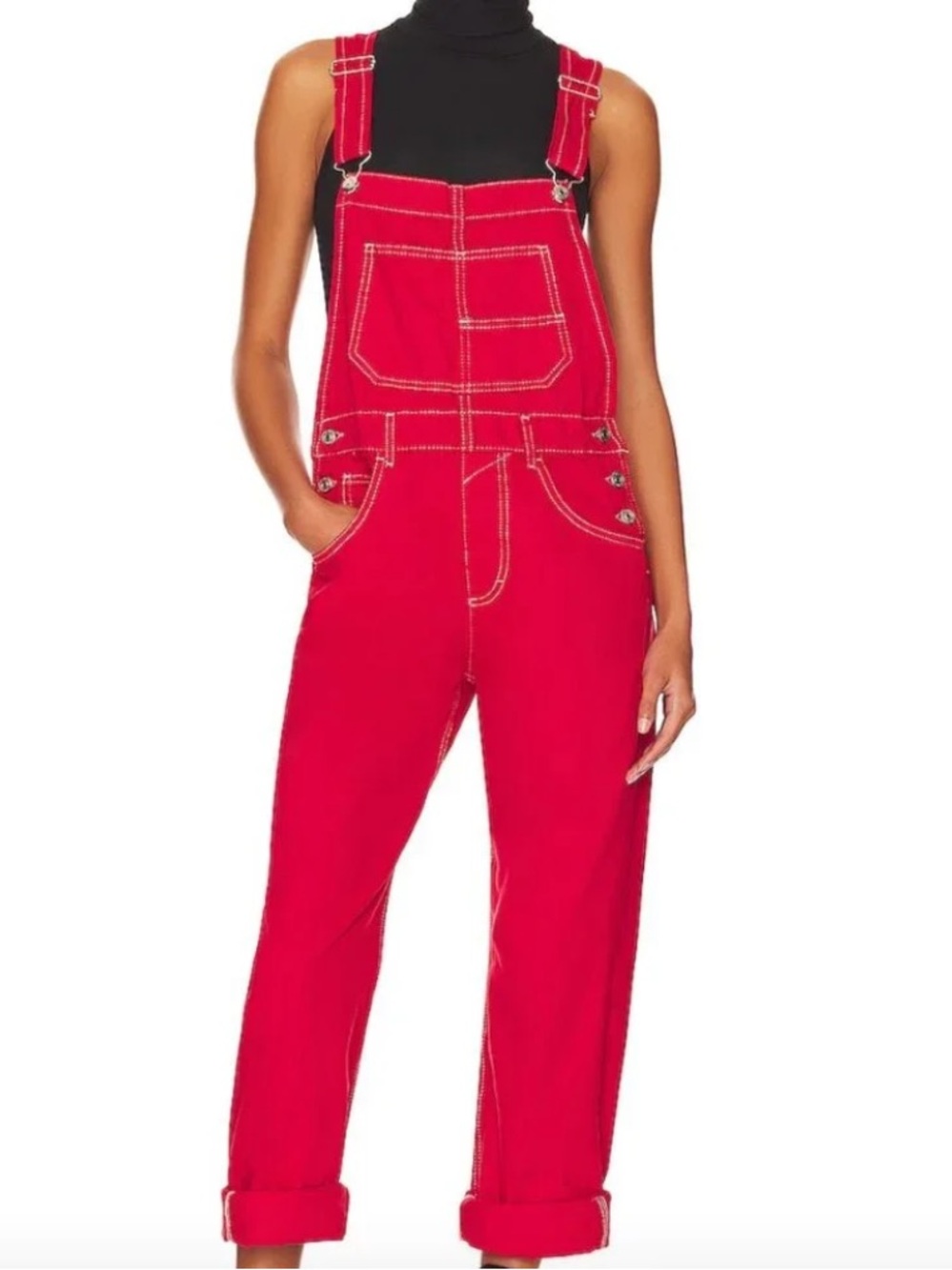 Free People We The Free Ziggy Red Denim Overalls in Heart Eyes Red - Picture 1 of 16